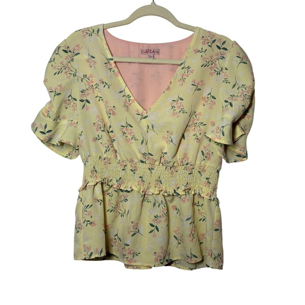 Rabbit Rose Top L Yellow Pink Floral Smocked Waist Peasant Cottage Preppy Ruffle